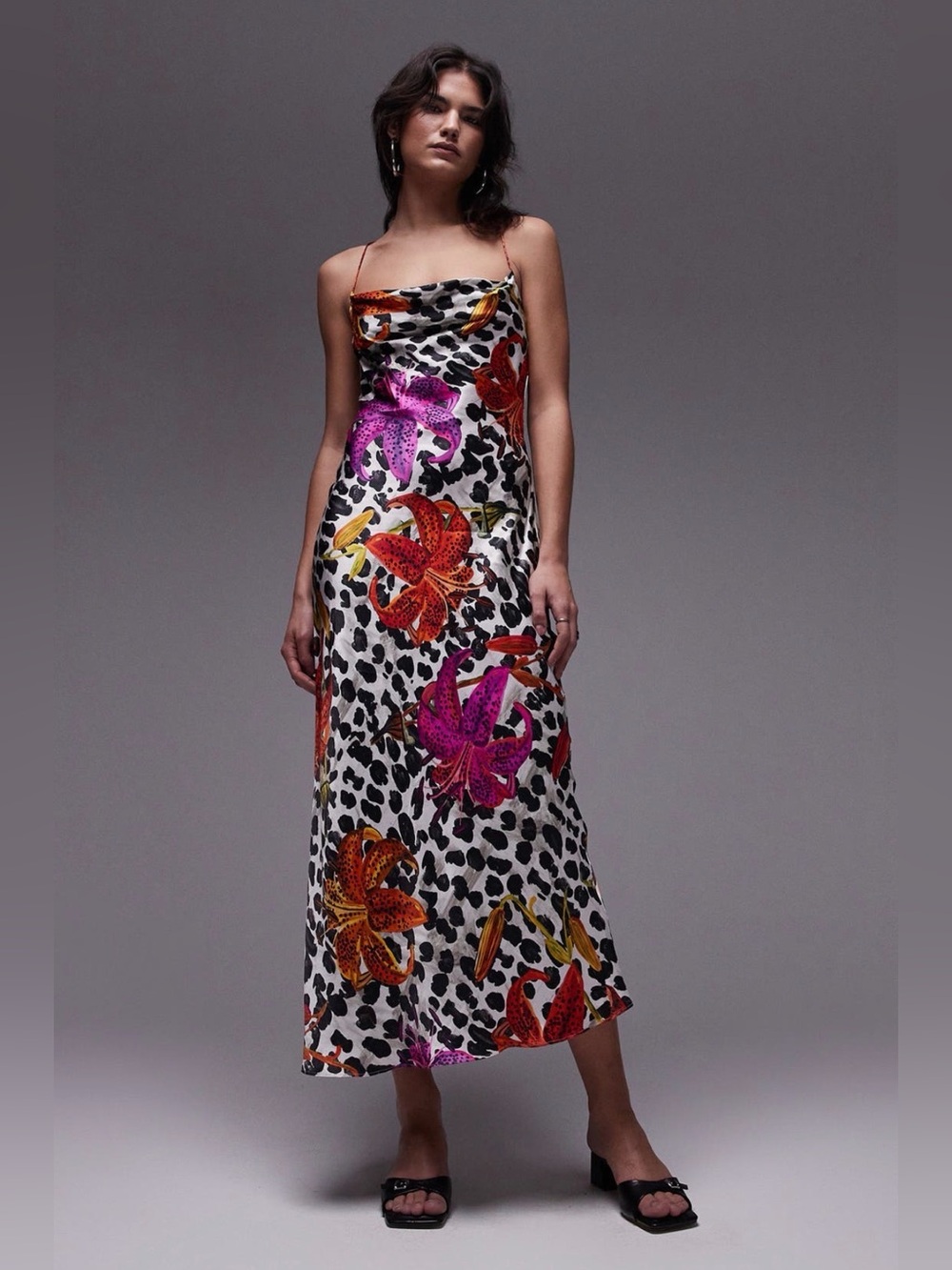 Topshop Print Cowl Neck Open Back Midi Slipdress